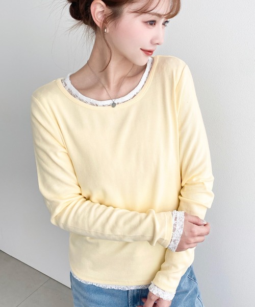 moment+(モーメントプラス)の「クルーネックレースレイヤード長袖カットソー(無地+レース2枚セット)(Tシャツ/カットソー・レディース・レッド/ピンク/オフホワイト/杢グレー/ブルー/イエロー/ネイビー/ブラック・M)」の12枚目の写真