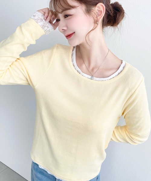 moment+(モーメントプラス)の「クルーネックレースレイヤード長袖カットソー(無地+レース2枚セット)(Tシャツ/カットソー・レディース・レッド/ピンク/オフホワイト/杢グレー/ブルー/イエロー/ネイビー/ブラック・M)」の11枚目の写真