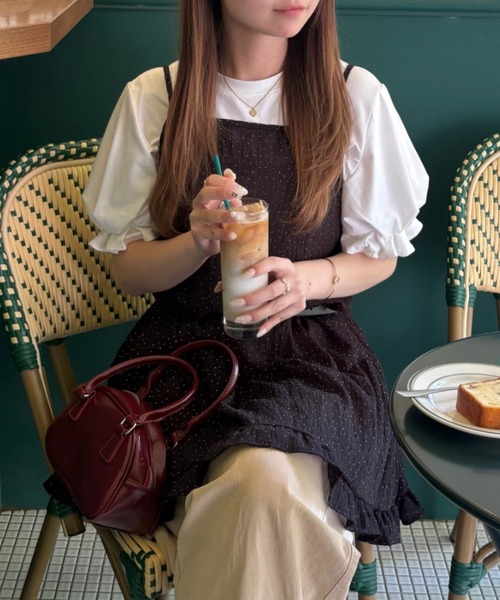 CLEA(クレア)の「ドット柄ティアード切り替えフリルミニシアーキャミワンピース(ワンピース・レディース・ブラック/ホワイト・FREE)」の14枚目の写真