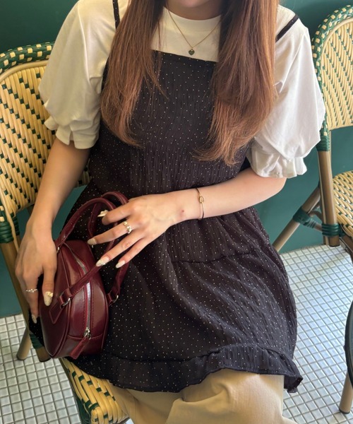 CLEA(クレア)の「ドット柄ティアード切り替えフリルミニシアーキャミワンピース(ワンピース・レディース・ブラック/ホワイト・FREE)」の16枚目の写真