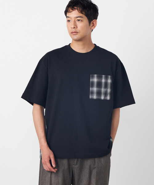 Purple&Yellow(パープルアンドイエロー)の「チェック切り替えプルオーバー(Tシャツ/カットソー・メンズ・ブラック/オートミール・SMALL/LARGE/MEDIUM)」の1枚目の写真