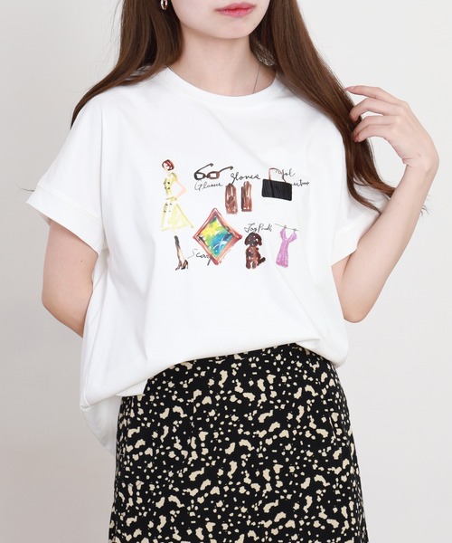 EGLANTINE(エグランティーヌ)の「EGLANTINE ファッションモチーフプリントカットソー 半袖(Tシャツ/カットソー・レディース・ネイビー/サーモンピンク/オフホワイト・38)」の2枚目の写真