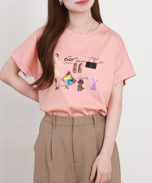 EGLANTINE(エグランティーヌ)の「EGLANTINE ファッションモチーフプリントカットソー 半袖(Tシャツ/カットソー・レディース・ネイビー/サーモンピンク/オフホワイト・38)」の3枚目の写真
