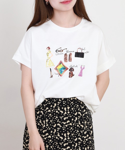 EGLANTINE(エグランティーヌ)の「EGLANTINE ファッションモチーフプリントカットソー 半袖(Tシャツ/カットソー・レディース・ネイビー/サーモンピンク/オフホワイト・38)」の17枚目の写真