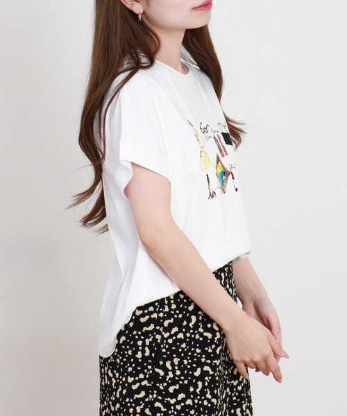 EGLANTINE(エグランティーヌ)の「EGLANTINE ファッションモチーフプリントカットソー 半袖(Tシャツ/カットソー・レディース・ネイビー/サーモンピンク/オフホワイト・38)」の21枚目の写真