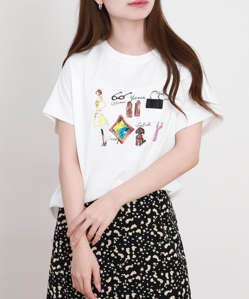 EGLANTINE(エグランティーヌ)の「EGLANTINE ファッションモチーフプリントカットソー 半袖(Tシャツ/カットソー・レディース・ネイビー/サーモンピンク/オフホワイト・38)」の19枚目の写真