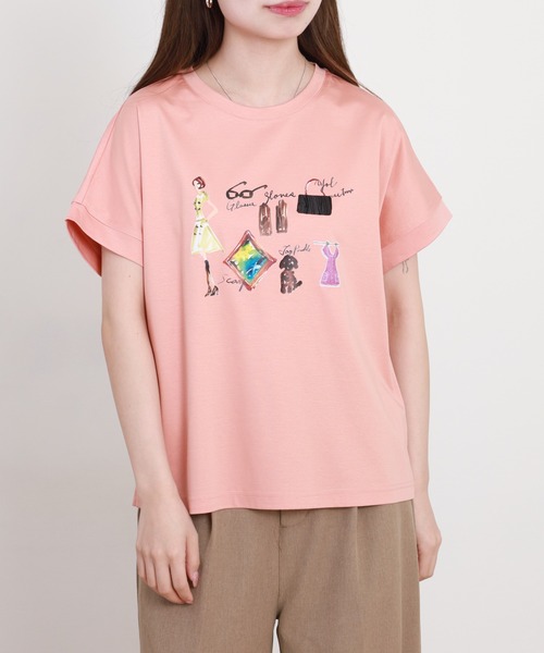 EGLANTINE(エグランティーヌ)の「EGLANTINE ファッションモチーフプリントカットソー 半袖(Tシャツ/カットソー・レディース・ネイビー/サーモンピンク/オフホワイト・38)」の8枚目の写真