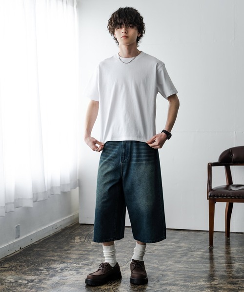 Rocky Monroe(ロッキーモンロー)の「ケミカル加工 ショート丈 短丈 クロップド 半袖コットンクルーネックTシャツ(Tシャツ/カットソー・メンズ・ホワイト/ブラック系/ブラック・M/L/XL)」の7枚目の写真