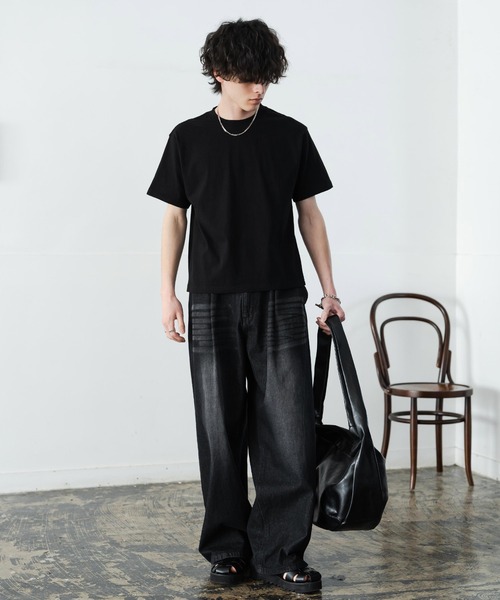 Rocky Monroe(ロッキーモンロー)の「ケミカル加工 ショート丈 短丈 クロップド 半袖コットンクルーネックTシャツ(Tシャツ/カットソー・メンズ・ホワイト/ブラック系/ブラック・M/L/XL)」の16枚目の写真
