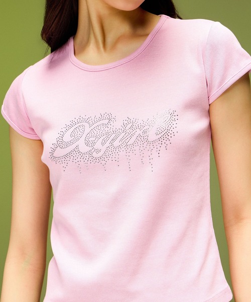 X-girl(エックスガール)の「FADED DROP RHINESTONE LOGO S/S BABY TEE(Tシャツ/カットソー・レディース・ブラック/ブラウン/ピンク・S/M)」の4枚目の写真