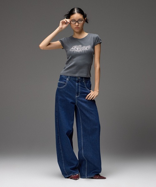 X-girl（エックスガール）の「FADED DROP RHINESTONE LOGO S/S BABY TEE（Tシャツ/カットソー・レディース・ブラック/ブラウン/ピンク・S/M）」の22枚目の写真