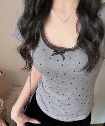 【カップ付き】ドット柄レーストリムリボン半袖Tシャツ