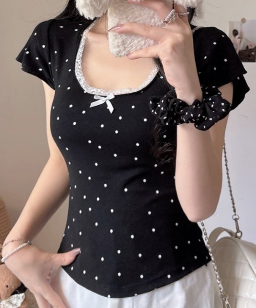 SHEPP(シープ)の「【カップ付き】ドット柄レーストリムリボン半袖Tシャツ(Tシャツ/カットソー・レディース・グレー/ブラック・F)」の1枚目の写真