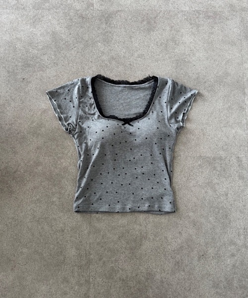 SHEPP(シープ)の「【カップ付き】ドット柄レーストリムリボン半袖Tシャツ(Tシャツ/カットソー・レディース・グレー/ブラック・F)」の7枚目の写真