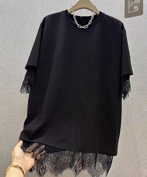 LUCPY(ラクピー)の「レースレイヤード風オーバーサイズTシャツ(Tシャツ/カットソー・レディース・ホワイト/グレー/ブラック・X-LARGE/LARGE)」の2枚目の写真