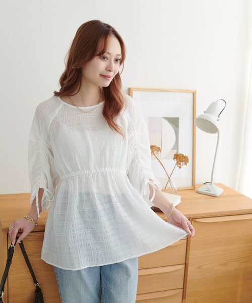 DISCOAT(ディスコート)の「【WEB限定】シアーシャーリングペプラムブラウス(シャツ/ブラウス・レディース・オフホワイト/ブラック/オレンジ・MEDIUM)」の7枚目の写真