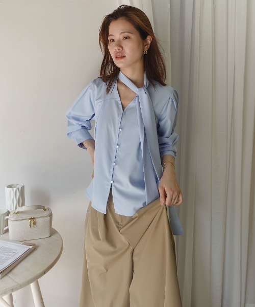 CORNERS(コーナーズ)の「リボン付きブラウス(Tシャツ/カットソー・レディース・ホワイト/ライトブルー/ブラック・M)」の12枚目の写真