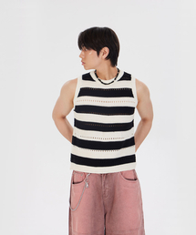 MAKEITTO（メイキット）の「ストライプクロシェスリーブレス（Tシャツ/カットソー）」