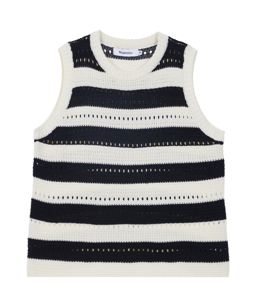 MAKEITTO(メイキット)の「ストライプクロシェスリーブレス(Tシャツ/カットソー・メンズ・ホワイト・MEDIUM/LARGE)」の3枚目の写真