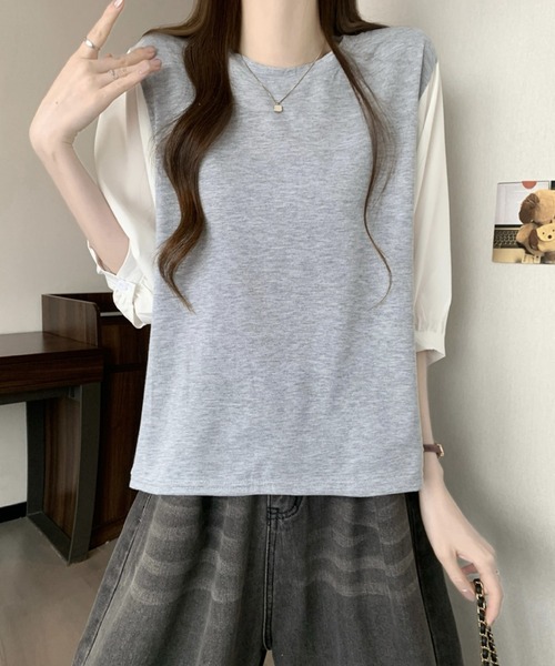 2ly2(トゥーリートゥー)の「異素材切替ボリュームスリーブトップス レディース 配色デザインブラウス(Tシャツ/カットソー・レディース・グレー/ブラック系その他/ブラック・FREE)」の3枚目の写真