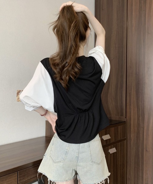 2ly2(トゥーリートゥー)の「異素材切替ボリュームスリーブトップス レディース 配色デザインブラウス(Tシャツ/カットソー・レディース・グレー/ブラック系その他/ブラック・FREE)」の22枚目の写真