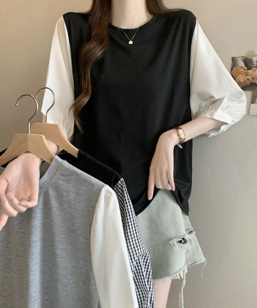 2ly2(トゥーリートゥー)の「異素材切替ボリュームスリーブトップス レディース 配色デザインブラウス(Tシャツ/カットソー・レディース・グレー/ブラック系その他/ブラック・FREE)」の13枚目の写真