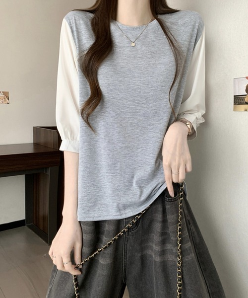 2ly2(トゥーリートゥー)の「異素材切替ボリュームスリーブトップス レディース 配色デザインブラウス(Tシャツ/カットソー・レディース・グレー/ブラック系その他/ブラック・FREE)」の11枚目の写真