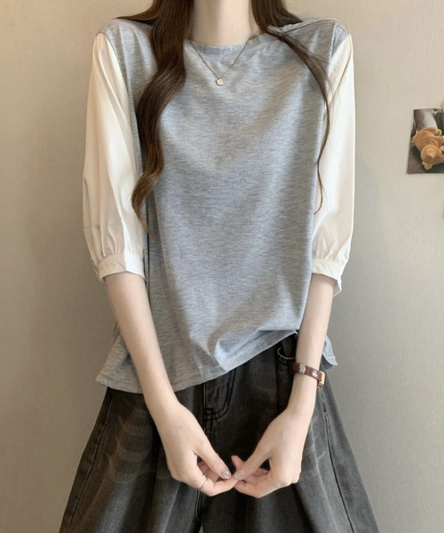 2ly2(トゥーリートゥー)の「異素材切替ボリュームスリーブトップス レディース 配色デザインブラウス(Tシャツ/カットソー・レディース・グレー/ブラック系その他/ブラック・FREE)」の10枚目の写真