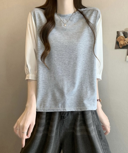 2ly2(トゥーリートゥー)の「異素材切替ボリュームスリーブトップス レディース 配色デザインブラウス(Tシャツ/カットソー・レディース・グレー/ブラック系その他/ブラック・FREE)」の9枚目の写真