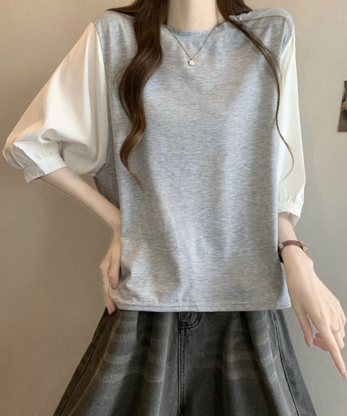 2ly2(トゥーリートゥー)の「異素材切替ボリュームスリーブトップス レディース 配色デザインブラウス(Tシャツ/カットソー・レディース・グレー/ブラック系その他/ブラック・FREE)」の8枚目の写真