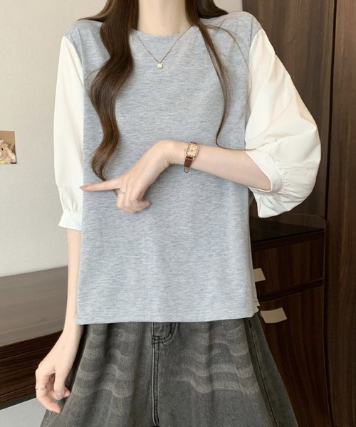 2ly2(トゥーリートゥー)の「異素材切替ボリュームスリーブトップス レディース 配色デザインブラウス(Tシャツ/カットソー・レディース・グレー/ブラック系その他/ブラック・FREE)」の7枚目の写真