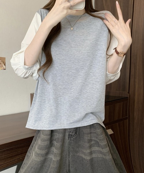 2ly2(トゥーリートゥー)の「異素材切替ボリュームスリーブトップス レディース 配色デザインブラウス(Tシャツ/カットソー・レディース・グレー/ブラック系その他/ブラック・FREE)」の6枚目の写真