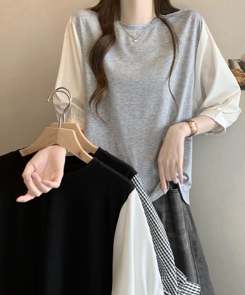 2ly2(トゥーリートゥー)の「異素材切替ボリュームスリーブトップス レディース 配色デザインブラウス(Tシャツ/カットソー・レディース・グレー/ブラック系その他/ブラック・FREE)」の4枚目の写真