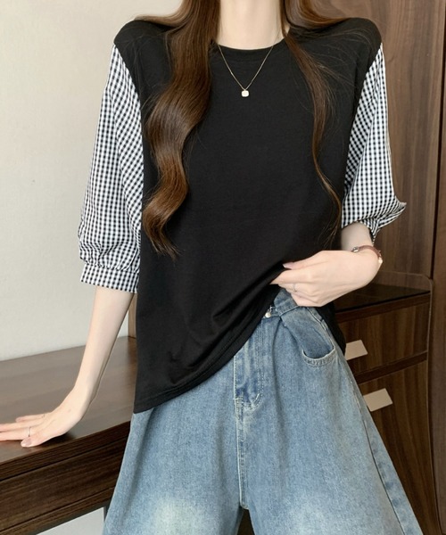 2ly2(トゥーリートゥー)の「異素材切替ボリュームスリーブトップス レディース 配色デザインブラウス(Tシャツ/カットソー・レディース・グレー/ブラック系その他/ブラック・FREE)」の21枚目の写真