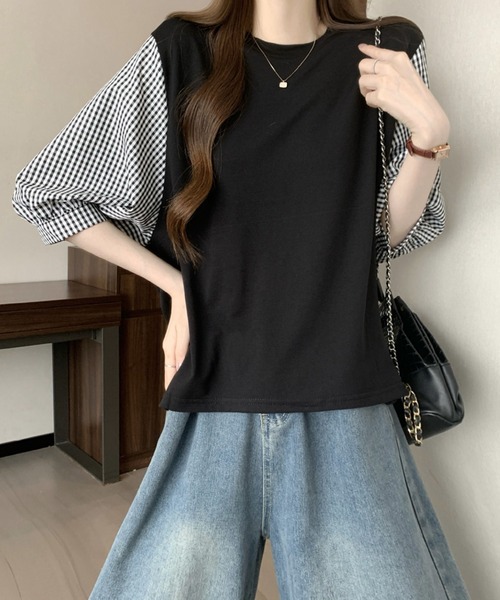 2ly2(トゥーリートゥー)の「異素材切替ボリュームスリーブトップス レディース 配色デザインブラウス(Tシャツ/カットソー・レディース・グレー/ブラック系その他/ブラック・FREE)」の20枚目の写真