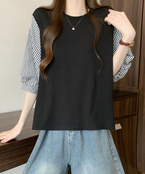 2ly2(トゥーリートゥー)の「異素材切替ボリュームスリーブトップス レディース 配色デザインブラウス(Tシャツ/カットソー・レディース・グレー/ブラック系その他/ブラック・FREE)」の19枚目の写真