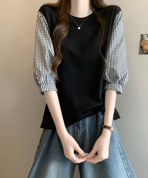 2ly2(トゥーリートゥー)の「異素材切替ボリュームスリーブトップス レディース 配色デザインブラウス(Tシャツ/カットソー・レディース・グレー/ブラック系その他/ブラック・FREE)」の17枚目の写真