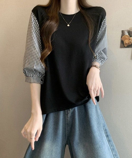 2ly2(トゥーリートゥー)の「異素材切替ボリュームスリーブトップス レディース 配色デザインブラウス(Tシャツ/カットソー・レディース・グレー/ブラック系その他/ブラック・FREE)」の15枚目の写真