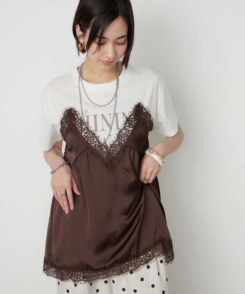 continuer de NICE CLAUP(コンティニューデナイスクラップ)の「サテンキャミドッキングTシャツ(Tシャツ/カットソー・レディース・ブラック/チャコールグレー/ブラウン・FREE)」の1枚目の写真