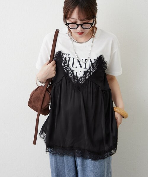 continuer de NICE CLAUP(コンティニューデナイスクラップ)の「サテンキャミドッキングTシャツ(Tシャツ/カットソー・レディース・ブラック/チャコールグレー/ブラウン・FREE)」の2枚目の写真