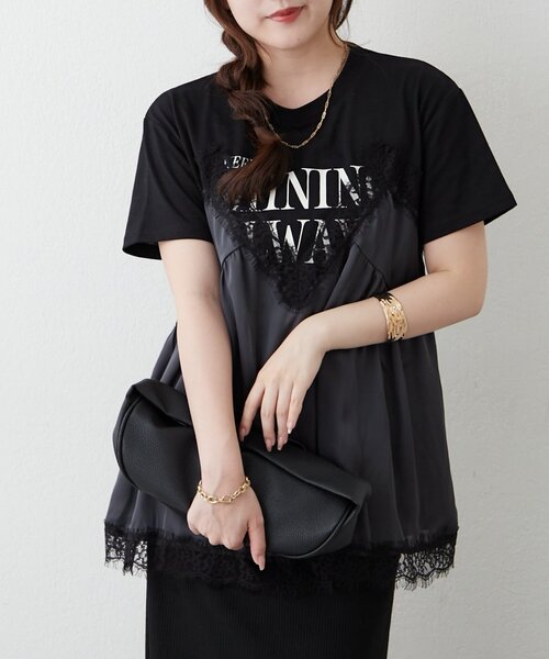 continuer de NICE CLAUP(コンティニューデナイスクラップ)の「サテンキャミドッキングTシャツ(Tシャツ/カットソー・レディース・ブラック/チャコールグレー/ブラウン・FREE)」の4枚目の写真