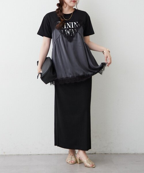 continuer de NICE CLAUP(コンティニューデナイスクラップ)の「サテンキャミドッキングTシャツ(Tシャツ/カットソー・レディース・ブラック/チャコールグレー/ブラウン・FREE)」の5枚目の写真