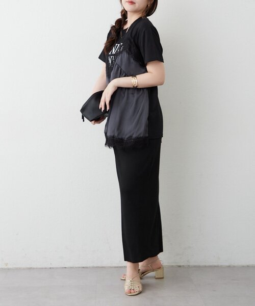 continuer de NICE CLAUP(コンティニューデナイスクラップ)の「サテンキャミドッキングTシャツ(Tシャツ/カットソー・レディース・ブラック/チャコールグレー/ブラウン・FREE)」の6枚目の写真