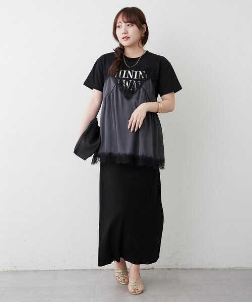 continuer de NICE CLAUP(コンティニューデナイスクラップ)の「サテンキャミドッキングTシャツ(Tシャツ/カットソー・レディース・ブラック/チャコールグレー/ブラウン・FREE)」の9枚目の写真