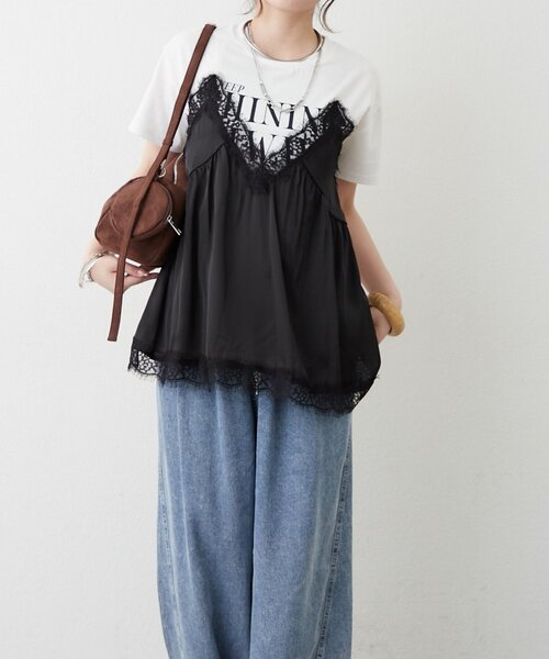 continuer de NICE CLAUP(コンティニューデナイスクラップ)の「サテンキャミドッキングTシャツ(Tシャツ/カットソー・レディース・ブラック/チャコールグレー/ブラウン・FREE)」の13枚目の写真
