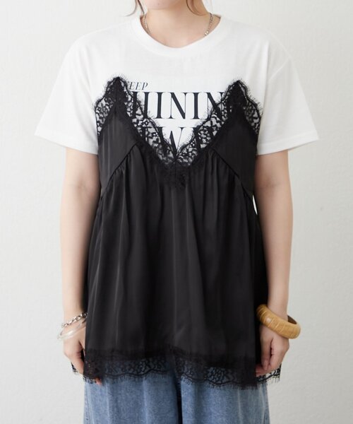 continuer de NICE CLAUP(コンティニューデナイスクラップ)の「サテンキャミドッキングTシャツ(Tシャツ/カットソー・レディース・ブラック/チャコールグレー/ブラウン・FREE)」の18枚目の写真