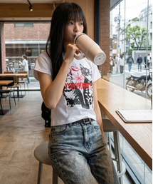 DTF チェリーキャット クールコットン ウィメンズ クロップ 半袖Tシャツ ホワイト
