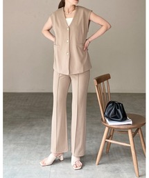 ノーカラー深vネック前ボタンベスト＆パンツスタイル セットアップ
