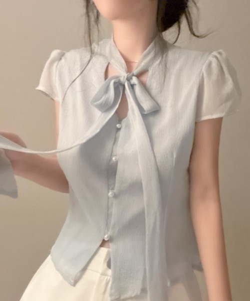 semplice（センプリチェ）の「ブラウス【韓国ファッション】（シャツ/ブラウス・レディース・ホワイト/ブルー・F）」の14枚目の写真