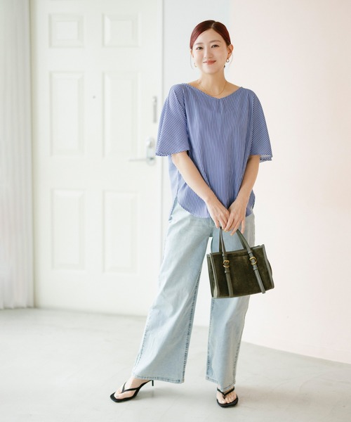 coca(coca)(コカ)の「【伊藤千晃様着用】\速乾/ Vネックドルマンスリーブブラウス(シャツ/ブラウス・レディース・ストライプ/アイボリー・S/M/L)」の6枚目の写真